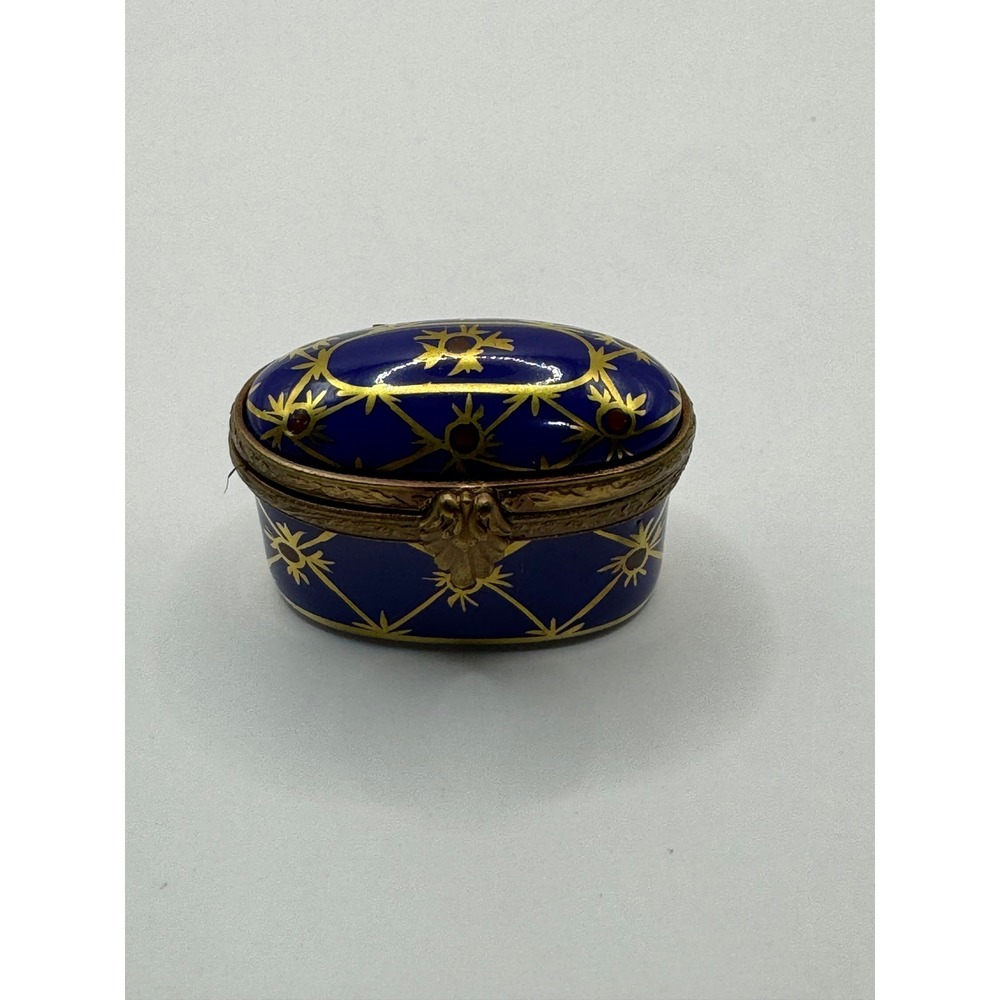 Peint‎ Main Limoges France Trinket Pill Box Porcelain Blue Gold Starburst French